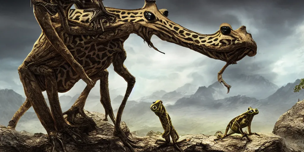 Image similar to alien giraffe panda frog on alien planet, lowbrow, 8 k, matte painting,