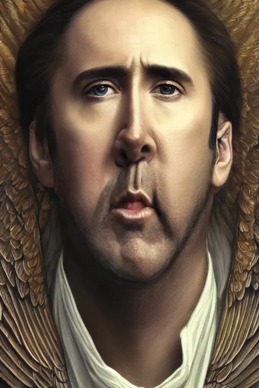 Image similar to Portrait of Nicolas Cage with angelic wings with multiple eyes on them, cinematic lighting, intricate, elegant, highly detailed, digital painting, artstation, smooth, sharp focus, illustration, art by artgerm and greg rutkowski and alphonse mucha and Wayne Barlowe and william-adolphe bouguereau
