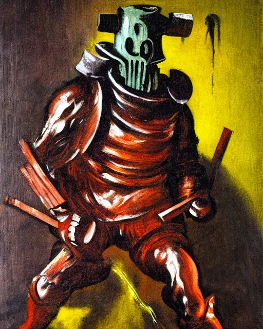 Prompt: the doomslayer, a character study by francis bacon, oil on canvas, german expressionism