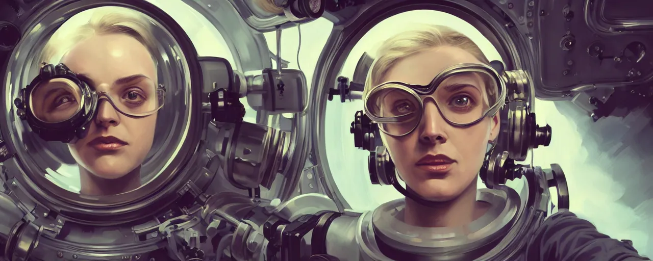 Prompt: illustration 3 / 4 portrait of stoic heroic emotionless butch blonde woman engineer with short slicked - back hair, wearing victorian goggles, working in zero gravity on space station, awkward and uncomfortable and anxious, dirty, dynamic composition by sergey kolesov. industrial space program, scifi, hyper detailed. octane render. concept art. trending on artstation