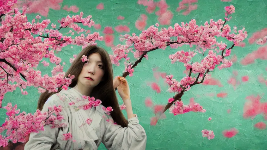 Prompt: close - up of a woman in a small group of people, a flower viewing picnic sakura, japan, a collage painting, in the style of wes anderson, lola dupre, david hockney, isolated on negative white space background dark monochrome neon fluorescent spraypaint accents volumetric octane render