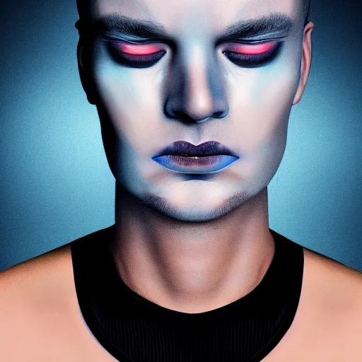 Prompt: airbrush style portrait of sweating forehead, sweat, Mattias RITARN Lindström, ritarn, blue lighting, soft lighting