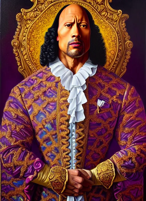 Image similar to beautiful oil painting, full length portrait of dwayne Johnson as Louis xiv in baroque coronation robes 1701, hyacinthe rigaurd , Dan Mumford, Dan Mumford, Alex grey, highly detailed , lsd visuals, dmt fractal patterns, visionary art, psychedelic art, ornate, vaporwave, baroque, Greg rutkowski