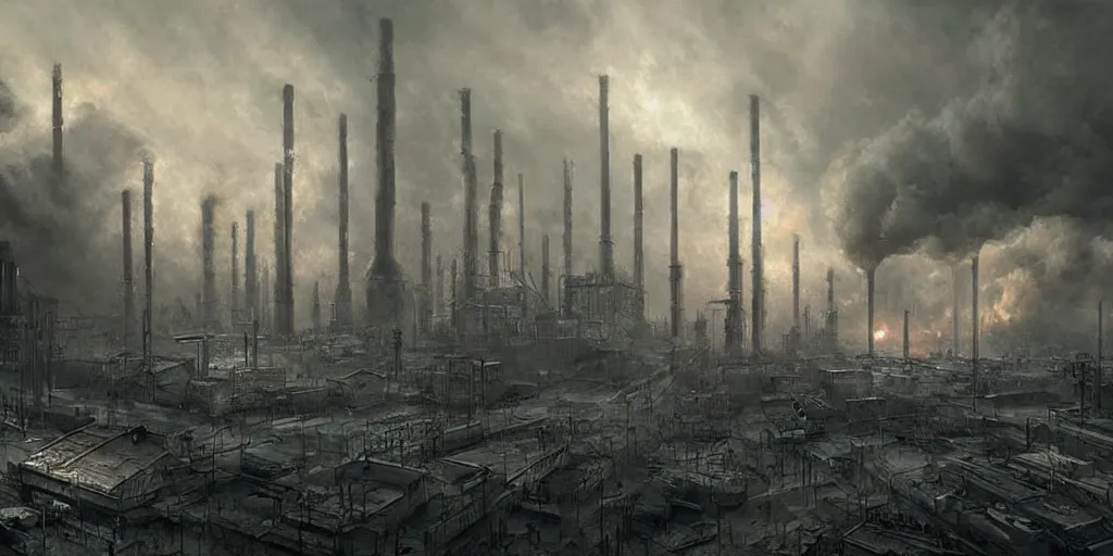 Image similar to a painting of a factory with smoke pouring out of it, a detailed matte painting by jonas de ro, cgsociety, nuclear art, dystopian art, apocalypse art, apocalypse landscape, dark, moody