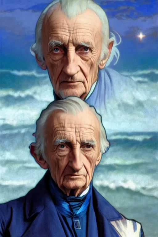 Image similar to the first doctor, william hartnel on a beach, wearing a blue shirt with horizontal rainbow stripe, the ocean in the background, swirling colourful stars in the background, art by artgerm and greg rutkowski and alphonse mucha