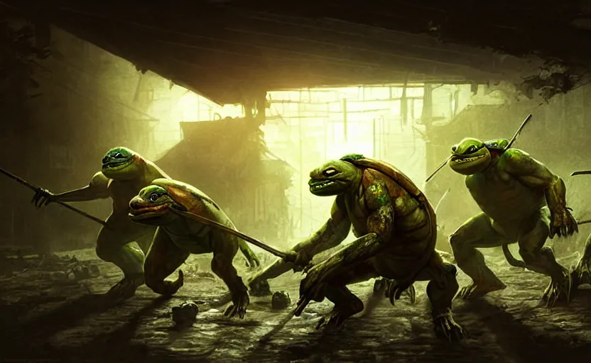 Image similar to photo zombi ninja turtles, hyper realistic, natural light, concept art, by greg rutkowski, cozy atmospheric and cinematic lighting