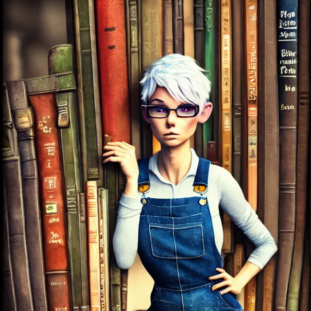 Image similar to full body pose, beautiful adult book fairy, pixar, short white hair shaved sides, dirty, grungy, grunge, long sleeve, painted overalls, stacks of giant books, highly detailed, 4 k, hdr, smooth, sharp focus, high resolution, award - winning photo, artgerm, photorealistic