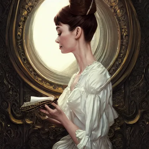 Image similar to audrey hepburn in an epic victorian novel, various backgrounds, intricate, elegant, highly detailed, digital painting, artstation, matte, illustration, art by artgerm, greg rutkowski, loish, rhads, ferdinand knab, makoto shinkai, lois van baarle, ilya kuvshinov, rossdraws, tom bagshaw