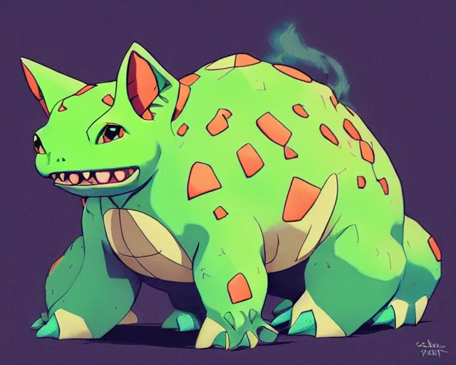 Image similar to cell shaded cartoon of a realistic bulbasaur. full body, concept art by josan gonzales and wlop, by james jean, victo ngai, david rubin, mike mignola, deviantart, art by artgem