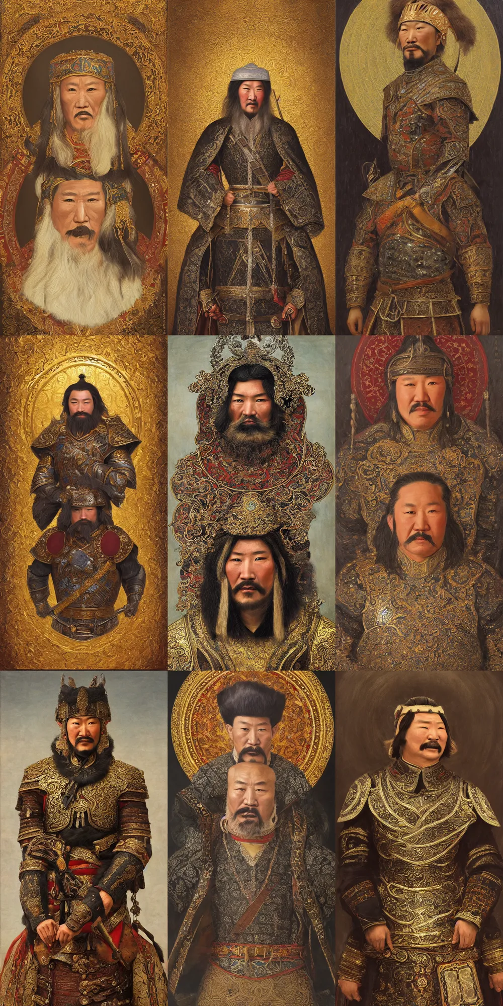 Prompt: a stunning and noble highly detailed romantic period style portrait of Genghis Khan by Josep Tapiró Baró, trending on artstation, oil painting masterpiece, symmetry, fractals, Mongolian iconography