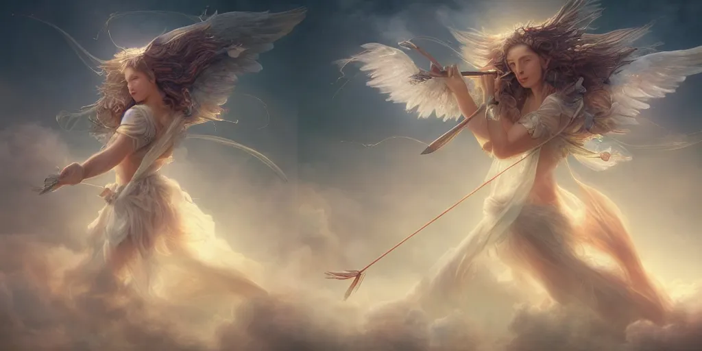 Prompt: An angel with beautiful face shooting luminous arrows with a bow on a country landscape covered with flowers, inspired by Amandine Van Ray, Christophe Vacher, trending on artstation, heavenly colors, volumetric lighting