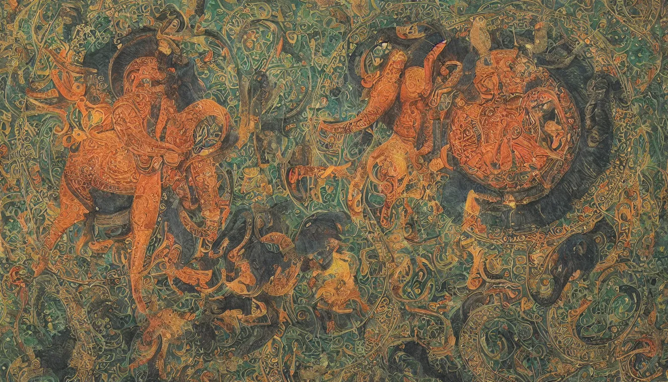 Image similar to realistic detailed photo rendered in octane 3d , A Composite Elephant - Delhi School, human, sufi saint, or celestial rider guiding the magic. animal. such composite animal figures revealing a kaleidoscope of reptiles, mammals, birds, and amphibians could represent the internal unity of all beings through the successive, Indian Miniature Art Painting, late 80's, by Amano, Francis Bacon, Elizabeth Erickson, Kenny Schar, Robert Colescott painting, art by Joey Terrill, smooth shading, ultra detailed, high resolution, acrylic, collage, masterpiece, rendered in blender, deep colours, ultra realistic, cinematic, unreal 6