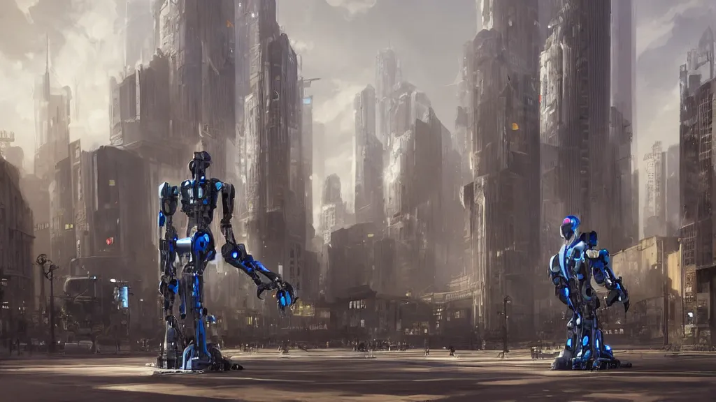 Prompt: Amazing photorealistic digital concept art of a guardian robot in a futurstic city, by James Clyne and Joseph Cross. Cinematic. LED lighting. Wide angle. Clean lines. Balanced composition.