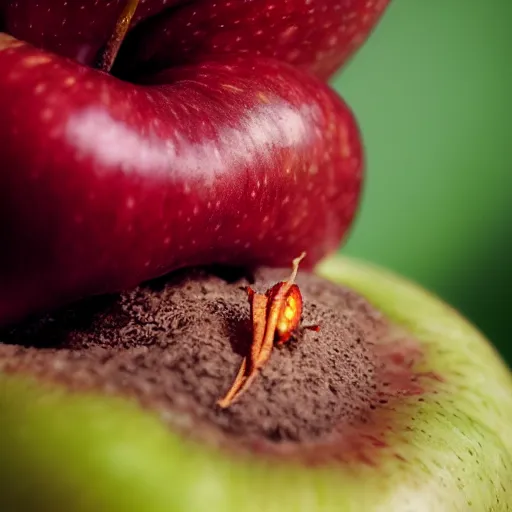 Image similar to closeup polaroid picture of a apple with a worm in it.