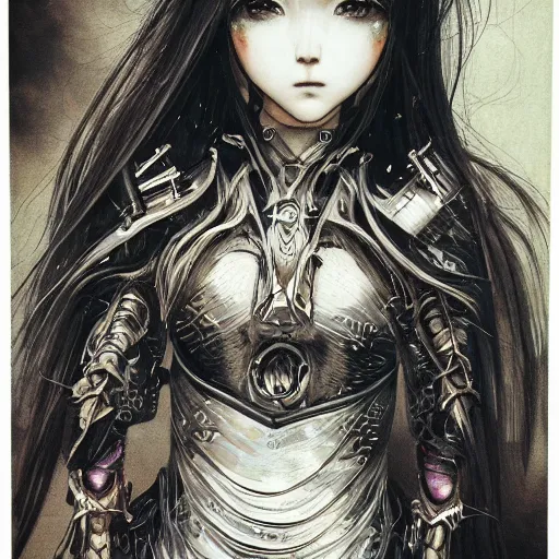 Image similar to Yoshitaka Amano realistic illustration of an anime girl with black eyes, wavy white hair fluttering in the wind and cracks on her face wearing Elden ring armour with engraving, abstract black and white patterns on the background, noisy film grain effect, highly detailed, Renaissance oil painting, weird portrait angle, blurred lost edges, three quarter view