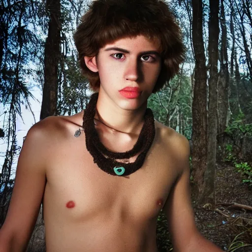 Image similar to a teenage boy, around 1 9 yo. necklace. natural brown hair. loincloth, pale skin. detailed face. ominous and eerie looking forest in background. natural colors. hyperrealistic photo.