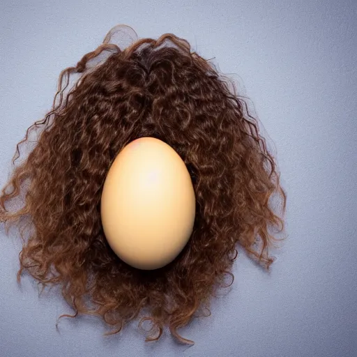 Prompt: egg with long curly brown hair wig on top of it, photo, 4 k, studio lighting