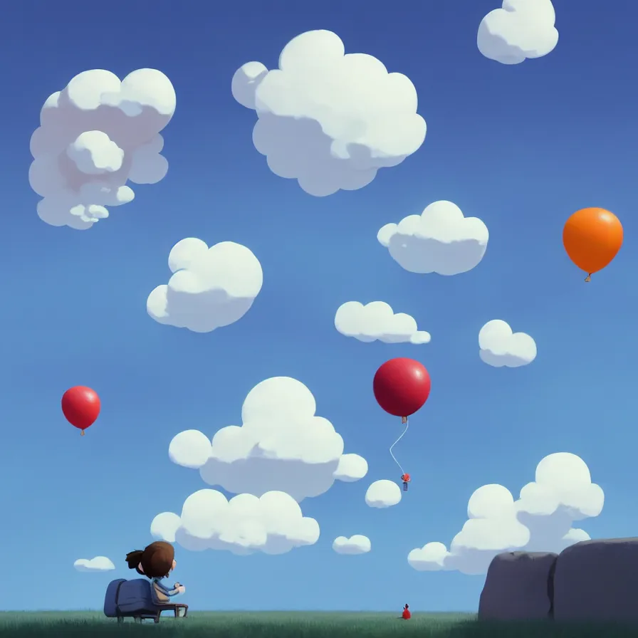 Image similar to Goro Fujita illustrating A balloon streaking across the sky and through the fluffy clouds of a sky full of blue contrasts., art by Goro Fujita, concept art, sharp focus, ArtStation