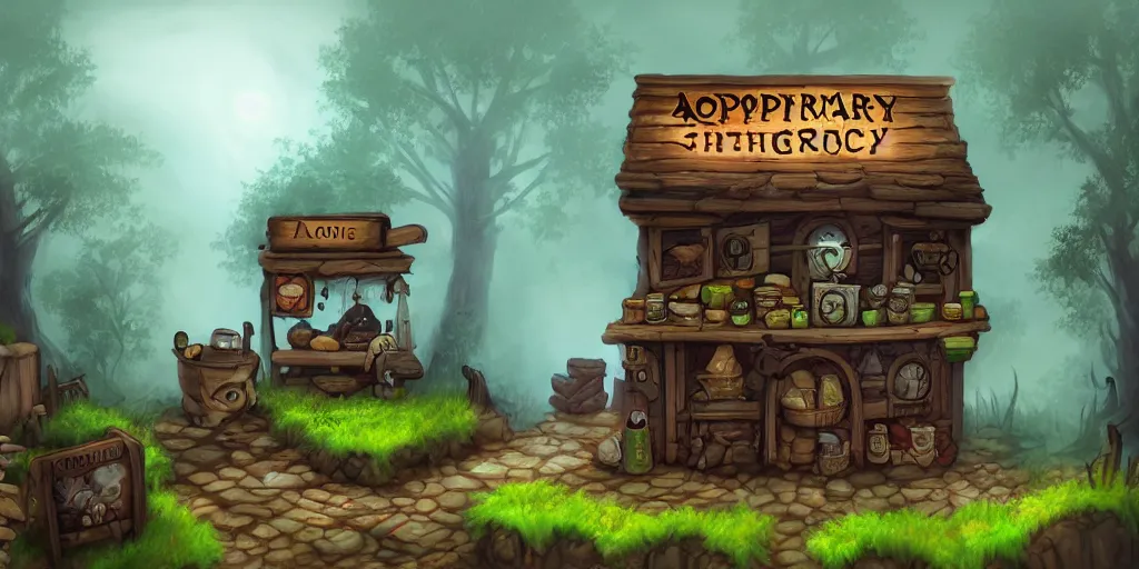 Image similar to apothecary shop, in a village, in the woods, ominous mist, high quality masterpiece acclaimed 2 d platformer, artstation