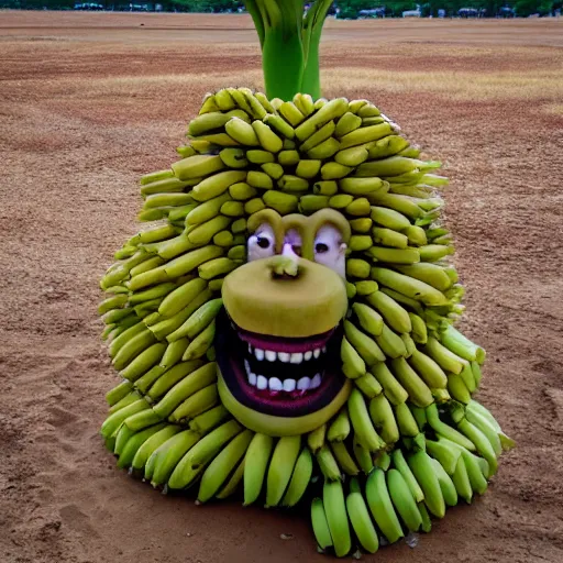 Prompt: scared man made out of bananas in a field of monkeys