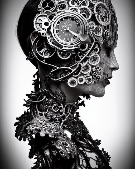 Prompt: surreal black and white photo portrait of complex bio-mechanical beautiful young female vegetal-cyborg with a Mandelbrot fractal steampunk metal fine lace face, curled silver hair and a fine metal floral foliage super big lace collar by Alexander McQueen:: high fashion, haute couture, rococo, steampunk, silver filigree details, anatomical, facial muscles, cable wires, microchip, elegant, hyper realistic, 150 mm lens, soft rim light, octane render, unreal engine, picture was taken in 1910 by Dora Maar, volumetric lighting, 8k,