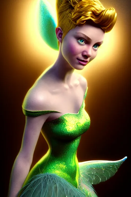 Prompt: hyperrealistic mixed media painting of tinker bell, full body, stunning 3d render inspired art by P. Craig Russell and Barry Windsor-Smith + perfect facial symmetry + dim volumetric lighting, 8k octane beautifully detailed render, post-processing, extremely hyperdetailed, intricate, epic composition, grim yet sparkling atmosphere, cinematic lighting + masterpiece, trending on artstation, very very detailed, masterpiece, stunning