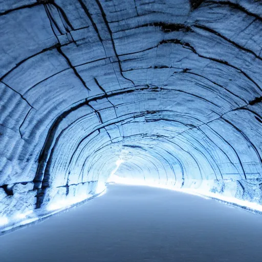 Prompt: massive dark glacier tunnel with a faint blue glow coming through the ice,