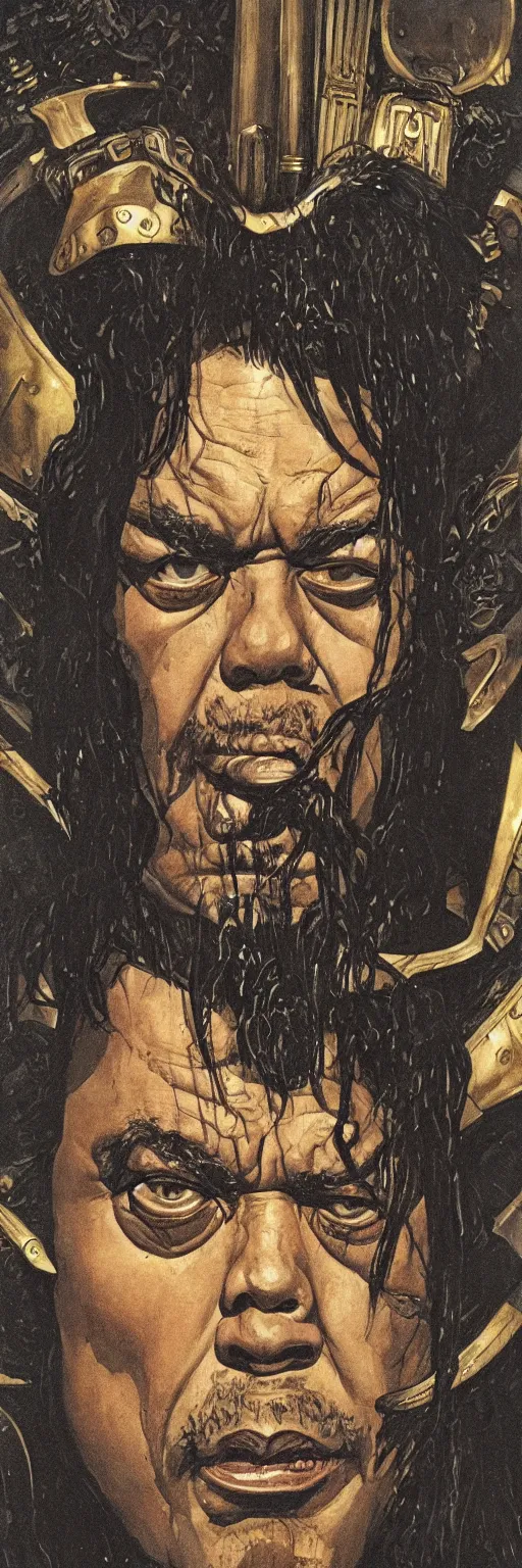 Prompt: menacing dark grim portrait of james earl jones with long black hair in engraved armor by fabry, bisley, moebius and klimt, close up, attitude, dark fantasy