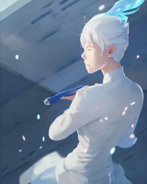 Prompt: a pale korean girl with white hair wearing a blue outfit with blades hovering around her, full shot, perfectly shaded body, atmospheric lighting, detailed face, by makoto shinkai, stanley artgerm lau, wlop, rossdraws