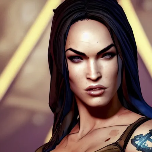 Image similar to megan fox portrait, borderlands, tales from the borderlands cinematic lighting, studio quality, 8 k