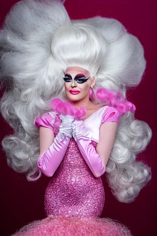 Prompt: 4k detailed portrait of a drag queen (man in drag) wearing: heavy drag makeup, pink glitter mermaid gown, white satin gloves, huge pink wig with bouffant hairdo and decorated with a hairbow, pink 7 inch high heels