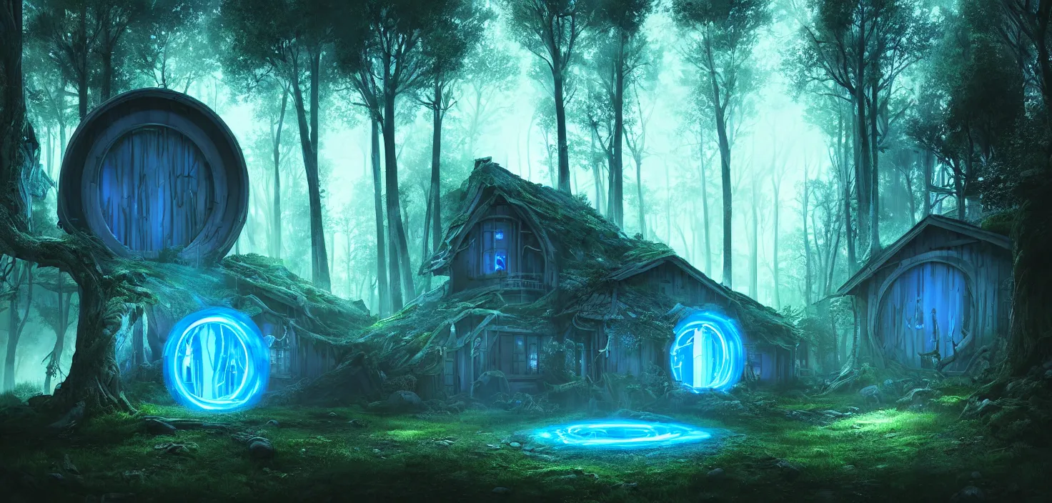 Image similar to random scary forest house landscape, round glowing blue neon portal door, incredible, vector art, octane render, fabulous, hyper detailed, random cinematic view, no noise, global illumination, warm lighting, volumetric, godrays, vivid, beautiful, by jordan grimmer