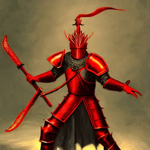 Prompt: a knight wearing full red armor, in the style of a dragon, spikes, wielding a whip,