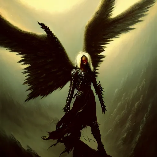 Image similar to painting of a fallen angel paladin with big burnt wings reaching the summit of a haunted mountain, sharp focus, award - winning, trending on artstation, masterpiece, highly detailed, intricate. art by seb mckinnon