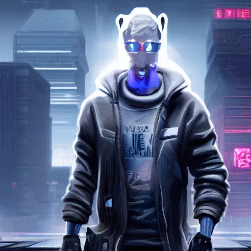 Image similar to a cyberpunk game where the main character is a white and grey rabbit