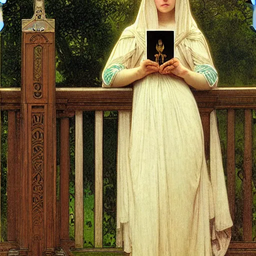 Image similar to A girl with on the front of a Balustrade porch with a hedge maze on the background, major arcana occult clothes, by paul delaroche, alphonse mucha and arnold böcklin arnold böcklin hyperrealistic 8k, very detailed