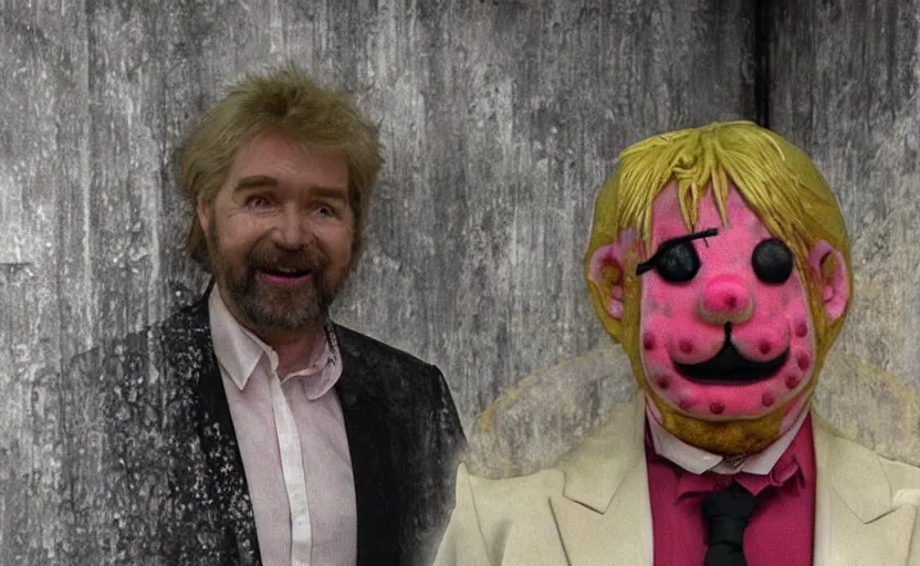 Prompt: mr blobby and noel edmonds waiting for you in a dark alleyway at night, creepy, foggy, silent hill