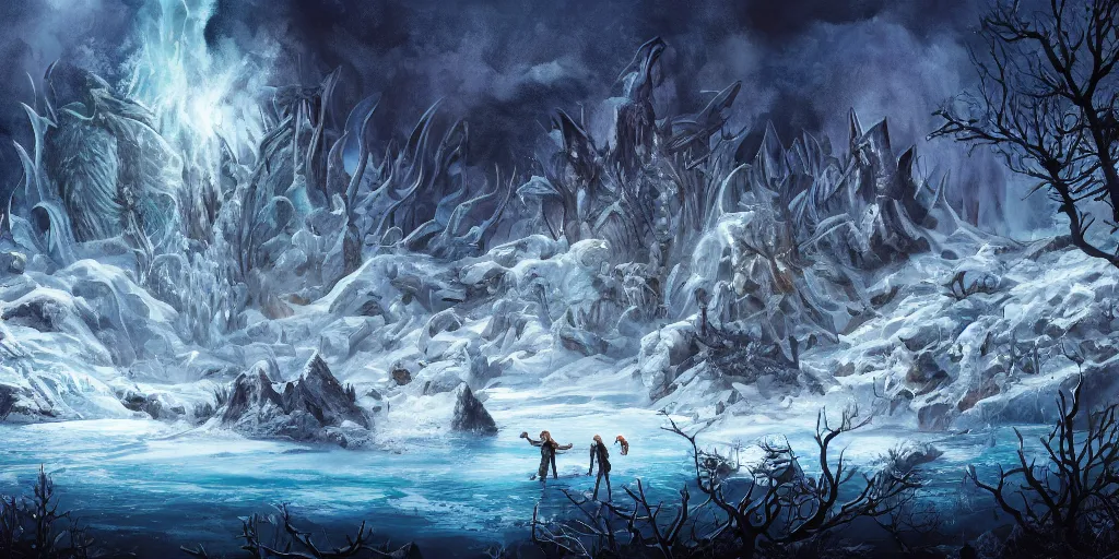 Image similar to a d & d background of a frozen lake with monsters beneath the ice, high quality digital art, gridless, vivid, blue tones, oil painting, trending on arstation, oil painting