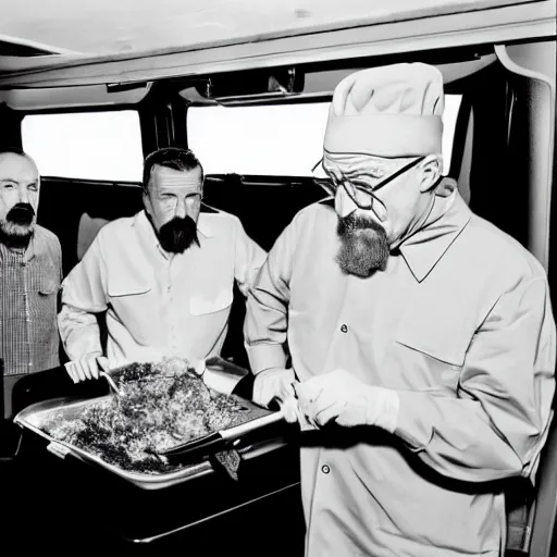 Image similar to still of walter white and stalin cooking meth, ziploc bags full of meth, interior of rv, b&w filter