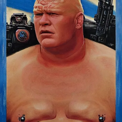 Image similar to head and shoulders portrait of brock lesnar as baron harkonnen from dune 1982 movie, background dystopian scifi palace, painted by norman rockwell and tom lovell and frank schoonover