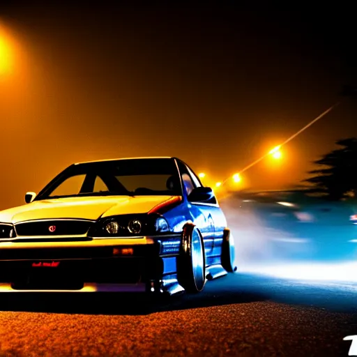 Image similar to a car JZX90 turbo drift at illegal car meet, Chiba prefecture, city midnight mist lights, cinematic color, photorealistic, highly detailed, work wheels, 50MM