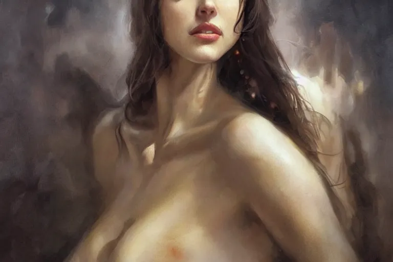 Image similar to A beautiful oil painting of a Alexandra Daddario, by Lucas Graciano, Frank Frazetta, Greg Rutkowski, Boris Vallejo, epic fantasy character art, high fantasy, Exquisite detail, post-processing, low angle, masterpiece, cinematic