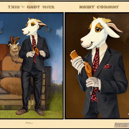 Image similar to award winning character art commission of an anthro furry humanoid goat smoking a cigar, three piece suit, in the style of norman rockwell,