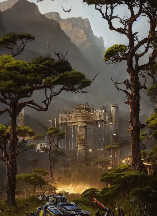 Image similar to hyper realistic robot attacking cape town city beautiful details, gnarly trees, strong composition, poster painted by greg rutkowski, concept art, arcane style, hearthstone wizards of the coast norman rockwell, james gurney and greg rutkowski weta studio, and lucasfilm and best of artstation