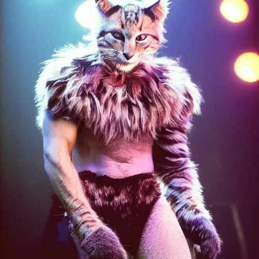 Image similar to 📷 john partridge playing rum tum tugger, spike collar, fluffy neck, cats the musical 🎶, 1 9 9 8 version, professional cat - like makeup, stunning choreography and lighting