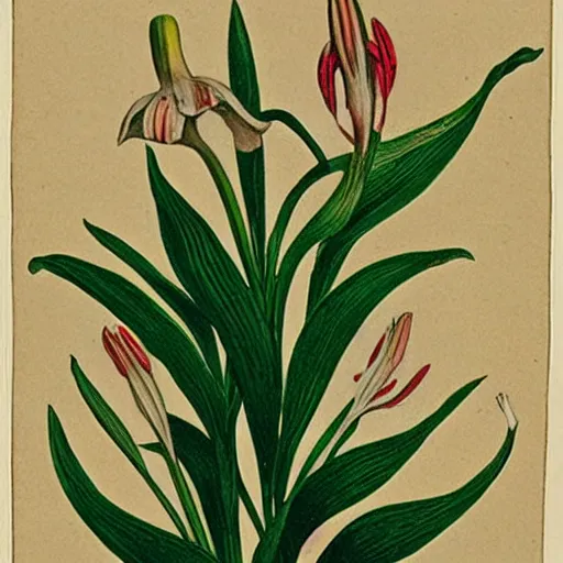 Prompt: “antique, hand-colored lithograph of a lily, by Elizabeth Twinning”