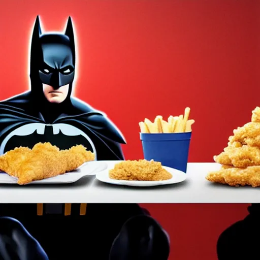 Image similar to A still of Batman eating at KFC, 4k, photograph, ultra realistic, highly detailed, studio lighting