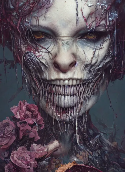 Image similar to Alice eats a cake and grows large,highly detailed,half skull face,cinematic,8k,by Stanley Artgermm,Tom Bagshaw,Greg Rutkowski,Carne Griffiths, Ayami Kojima, Beksinski, Giger,trending on DeviantArt,hyper detailed,horror, full of colour