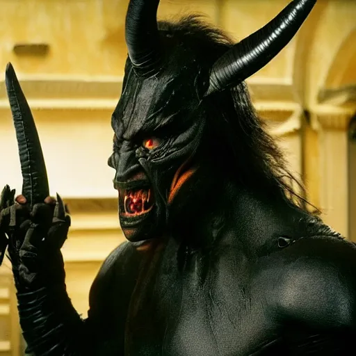 Prompt: the character darkness, with huge and black horns, from the film legend directed by Ridley Scott