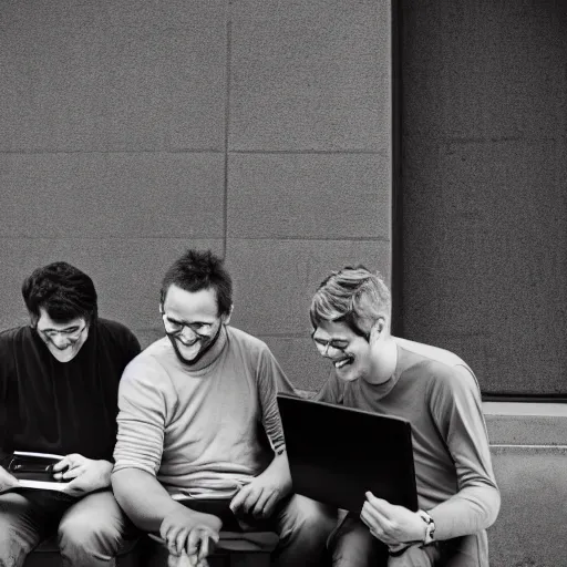 Image similar to several guys looking at a laptop screen laughing, colour photograph, 35mm